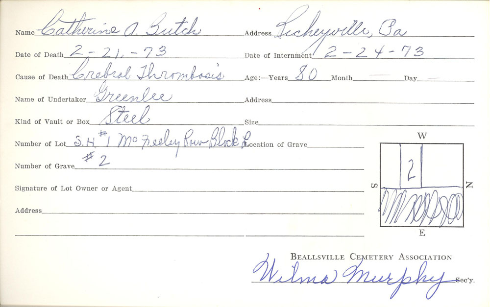 Catherine A. Butch burial card